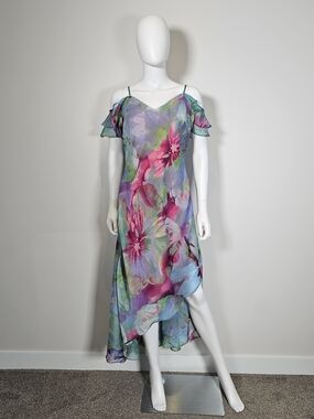 Cartise Lightweight Watercolor Blue Green Pink Cold Shoulder Summer Dress Sz 14